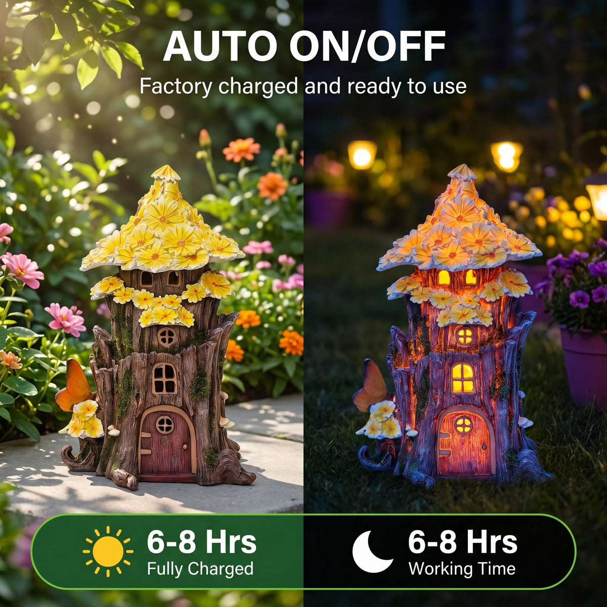 COWOS Solar Fairy House lit at night for magical yard glow.
