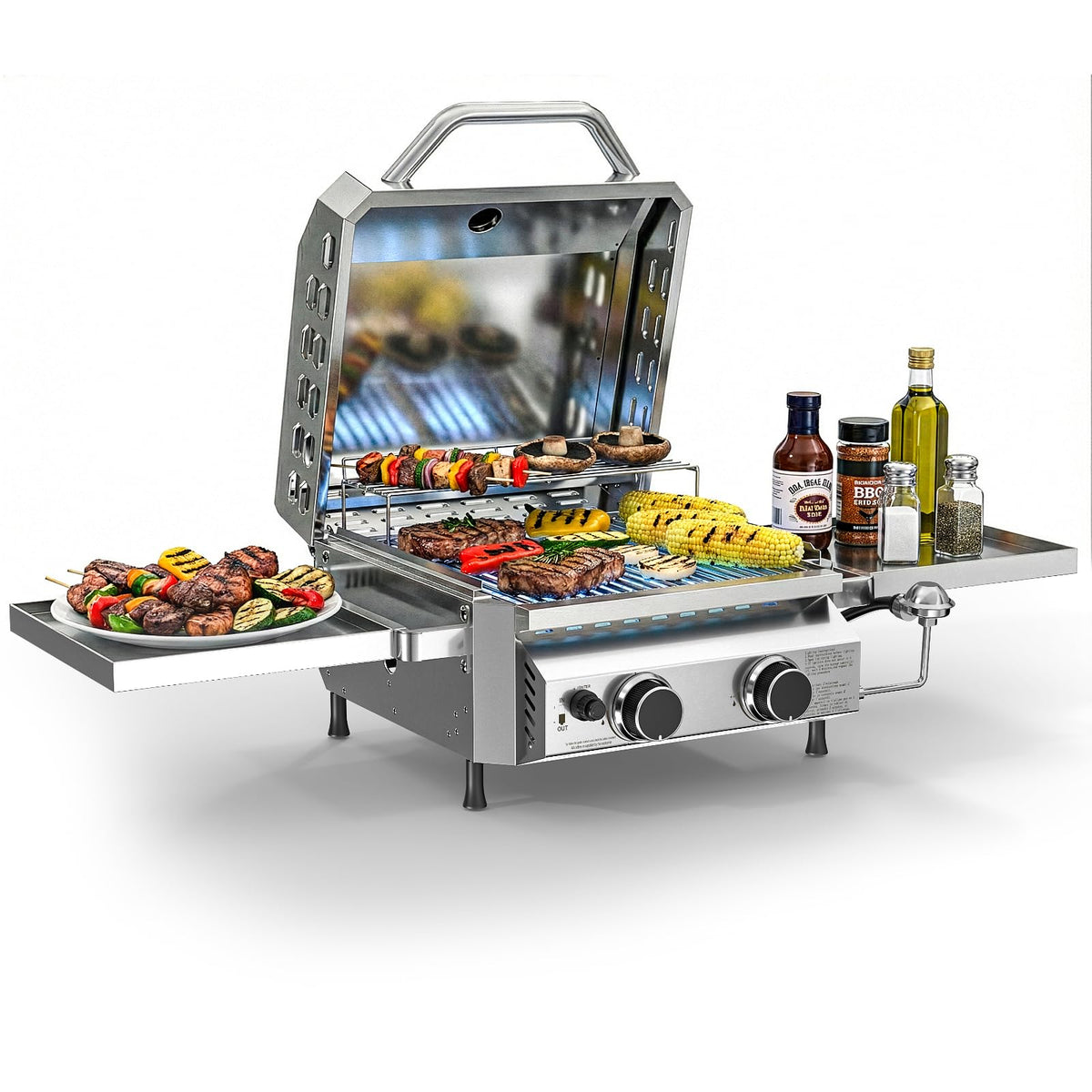 COWSAR premium dual-burner tabletop grill on patio delivering even heat for consistent searing