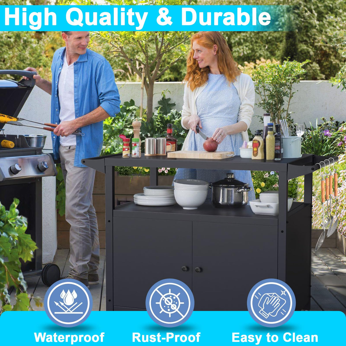 COZEER grill cart with 360-degree wheels for smooth movement and secure stops.