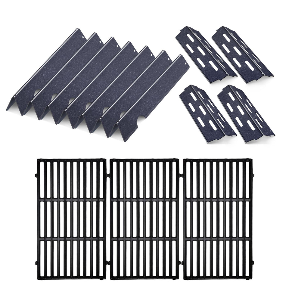 Cozilar cast iron grill grate with porcelain steel flavorizer bars for Weber grills, durable and heat-ready.
