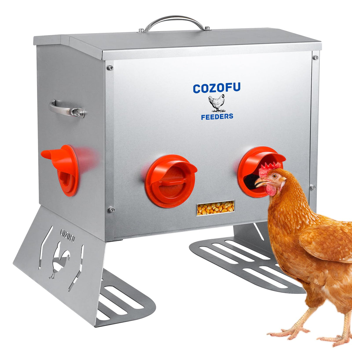 COZOFU 25lb feeder front view with transparent window for easy feed visibility.