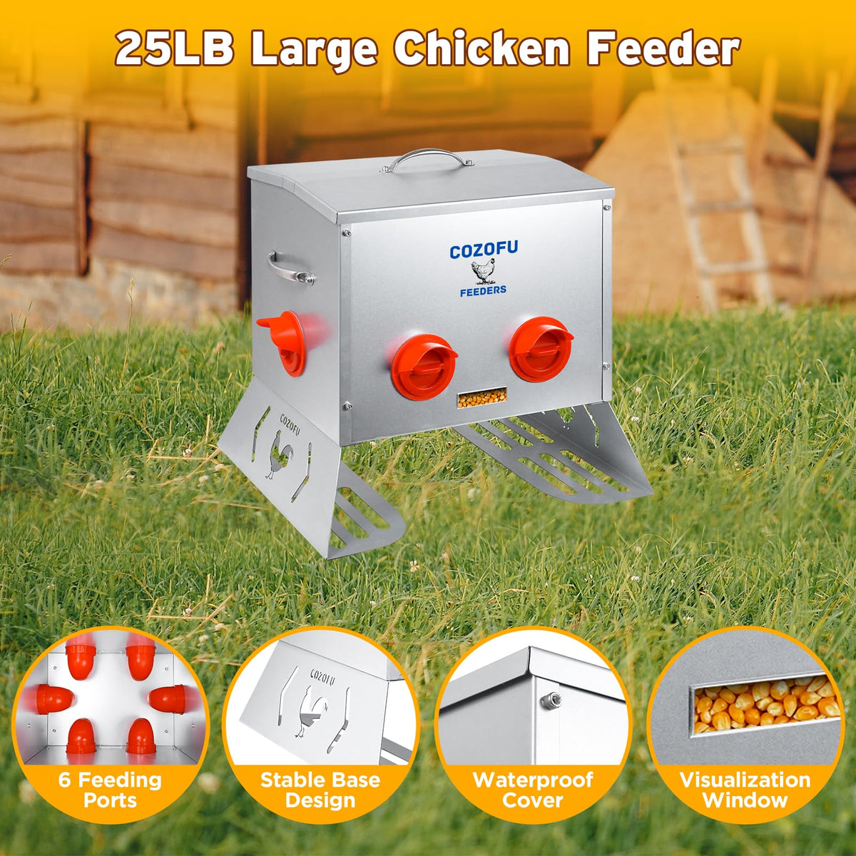 COZOFU weatherproof lid on metal body preserves feed freshness.