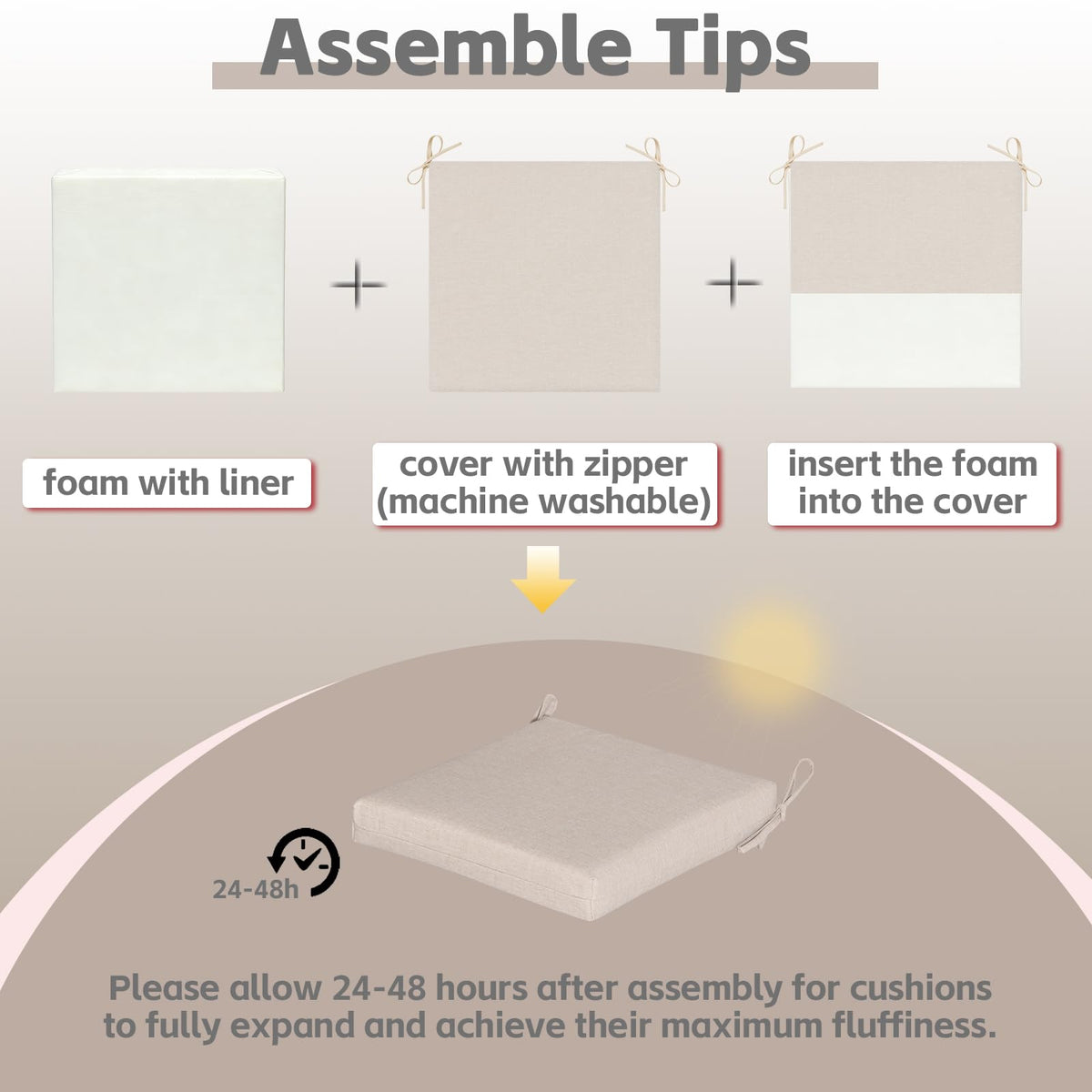 COZYVIDA cushions feature secure ties and hidden zippers for a snug fit