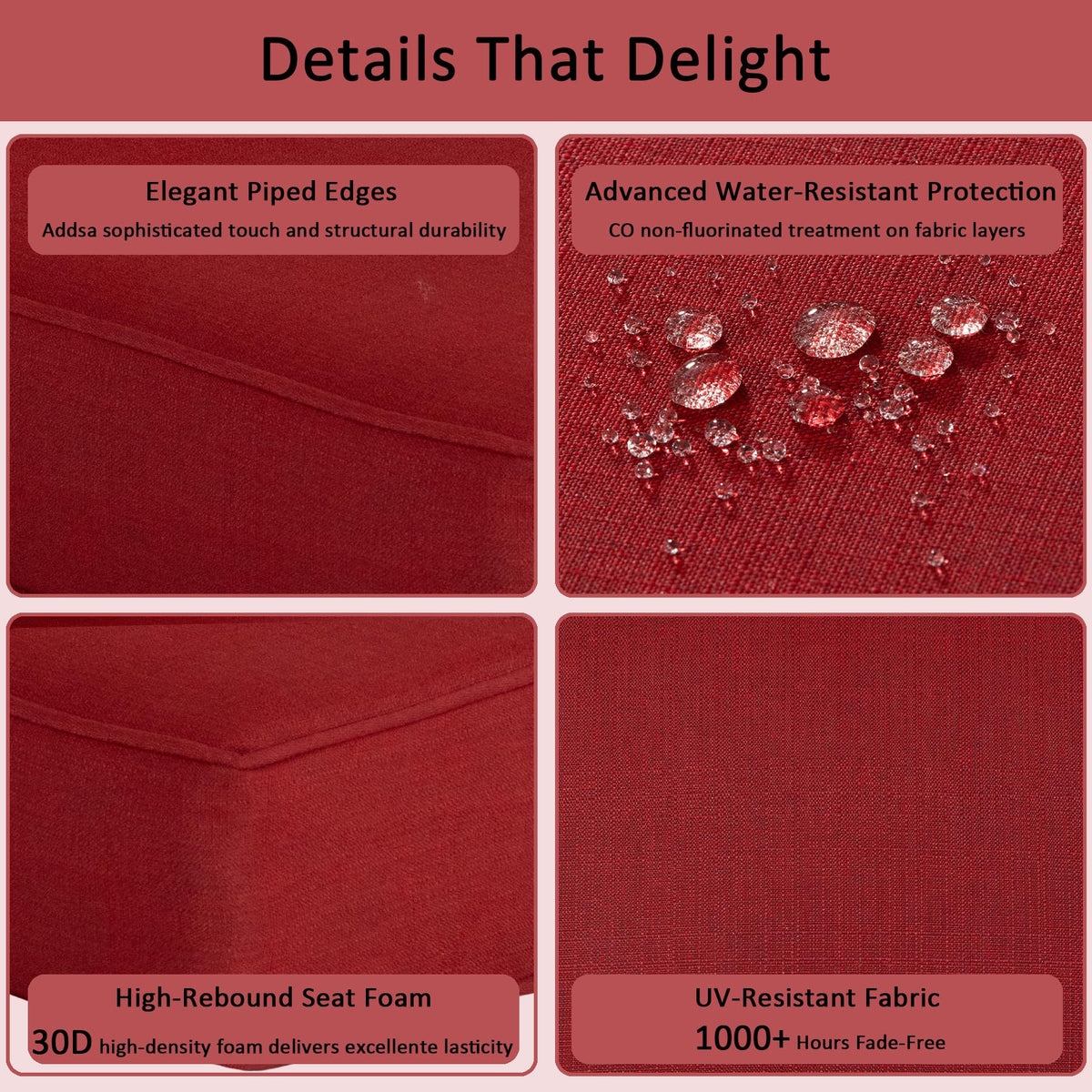 COZYVIDA fabric detail chili reveals PFAS-free C0 DWR finish and tear-resistant weave.