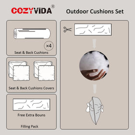 COZYVIDA deep-seat cushions with dimensions displayed on a sofa.