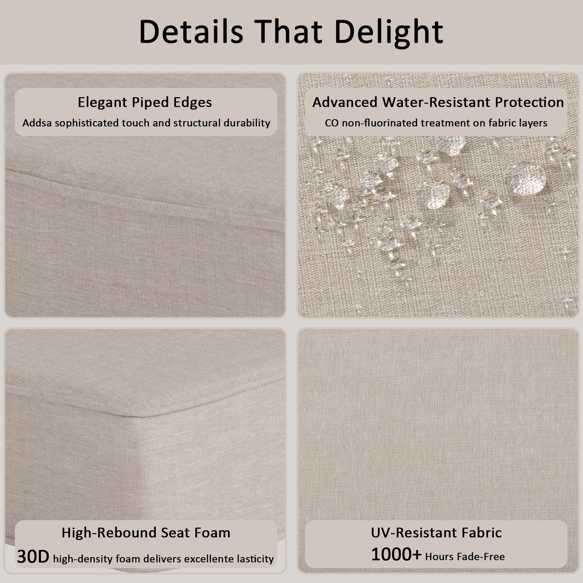 COZYVIDA weather-resistant fabric close-up showing stain resistance.