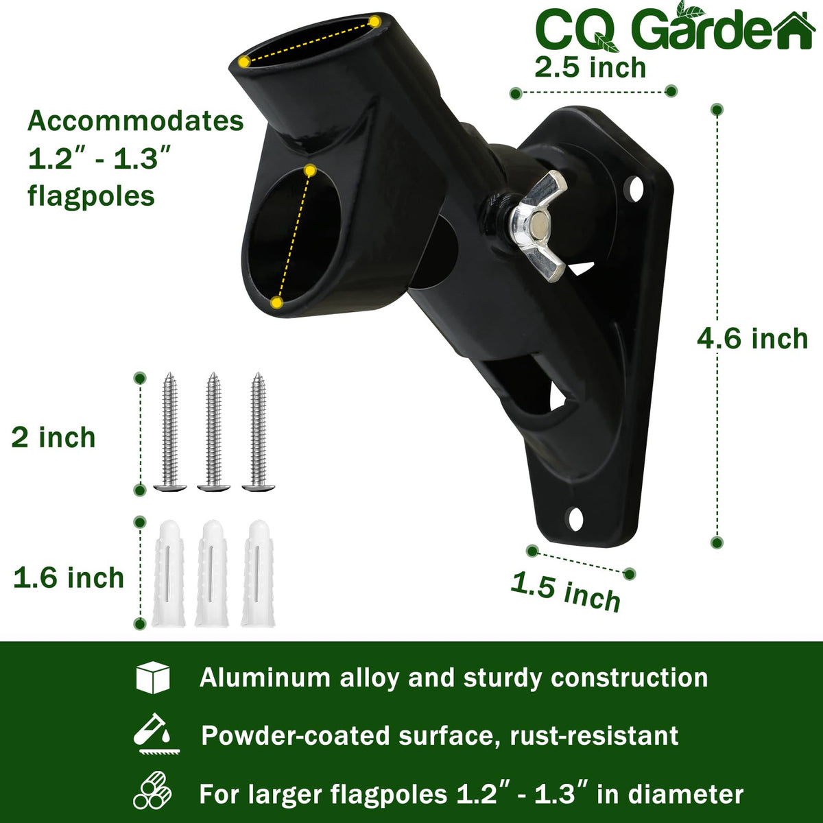 CQ Garden aluminum flag pole holder resists rust in all weather conditions