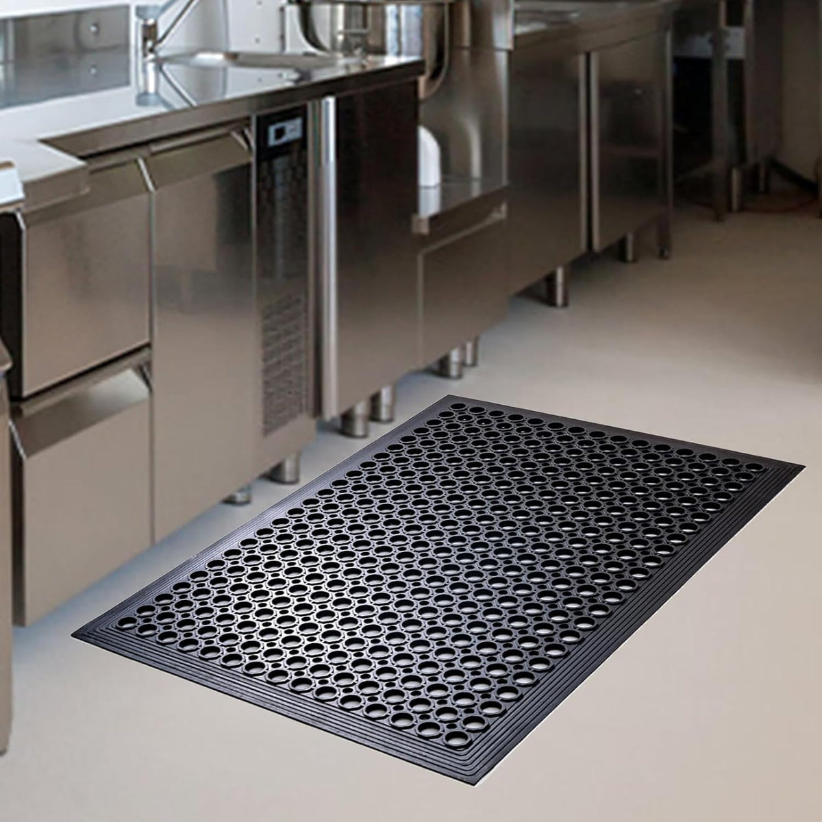 Crablux outdoor rubber floor mat provides non-slip footing in wet areas.