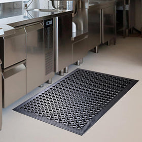 Crablux outdoor rubber floor mat provides non-slip footing in wet areas.