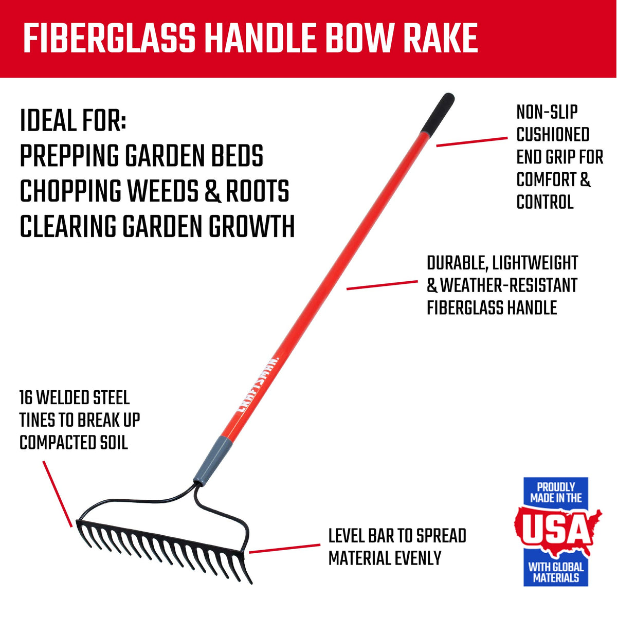 Craftsman bow rake showing level bow for consistent ground leveling