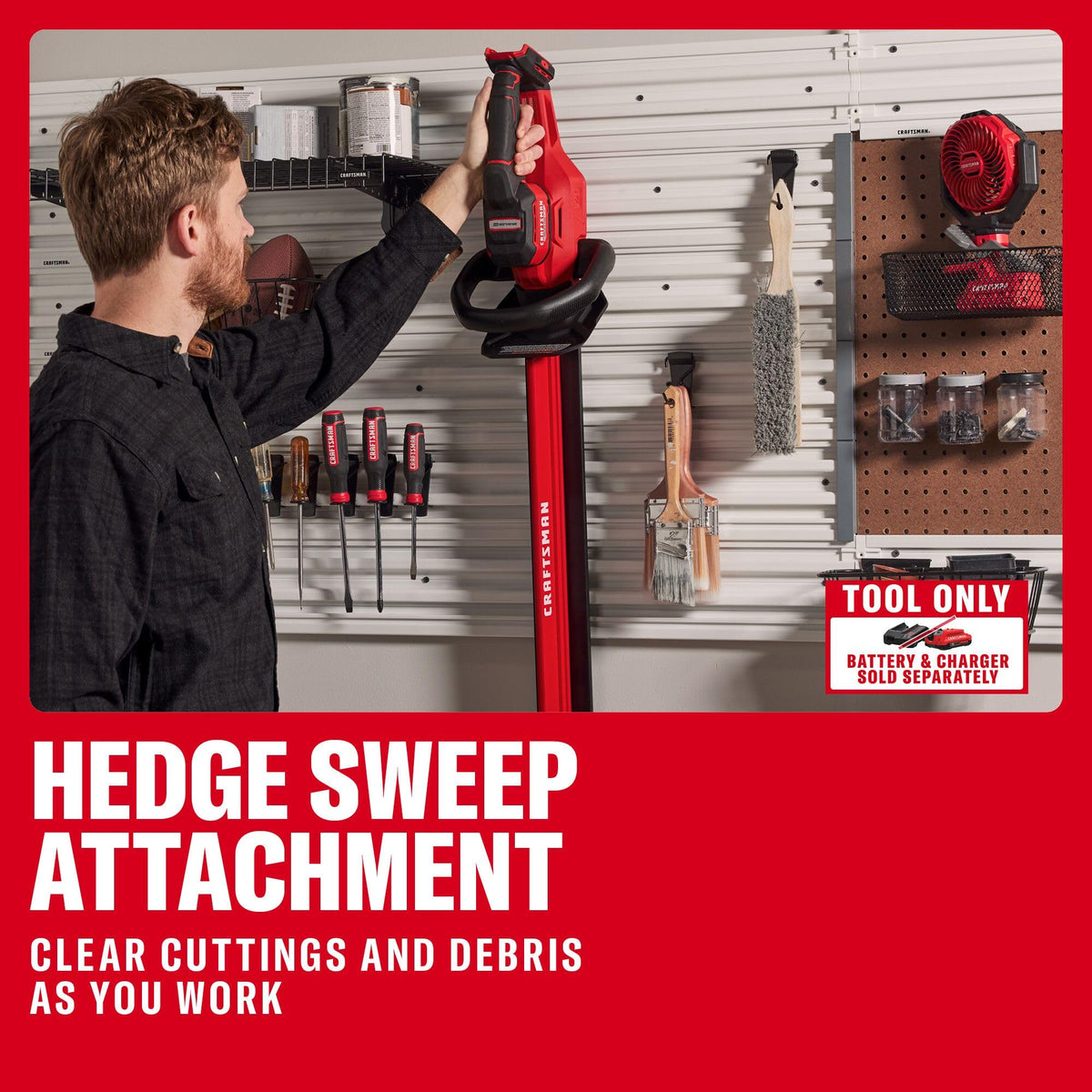 3/4-inch blade gap on the V20 hedge trimmer handles thick branches with ease.