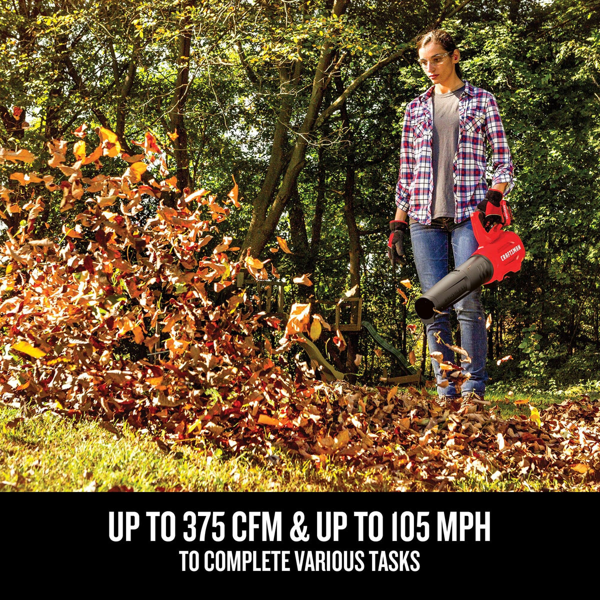 CRAFTSMAN V20 blower airflow up to 375 CFM for yard cleaning.