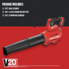 CRAFTSMAN V20 blower with battery and charger, ready for extended outdoor tasks.