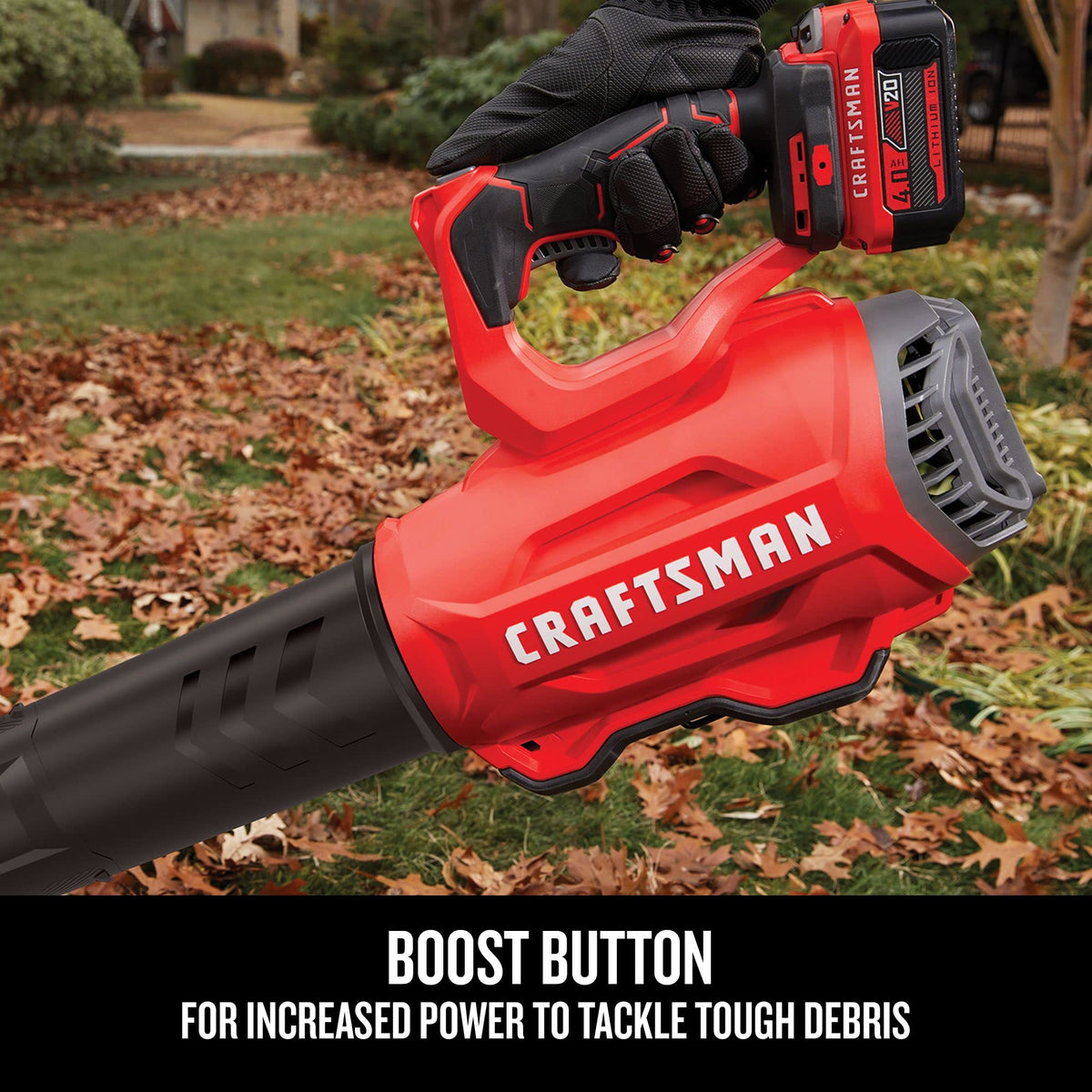 CRAFTSMAN V20 blower air velocity up to 105 MPH for quick debris clearing.