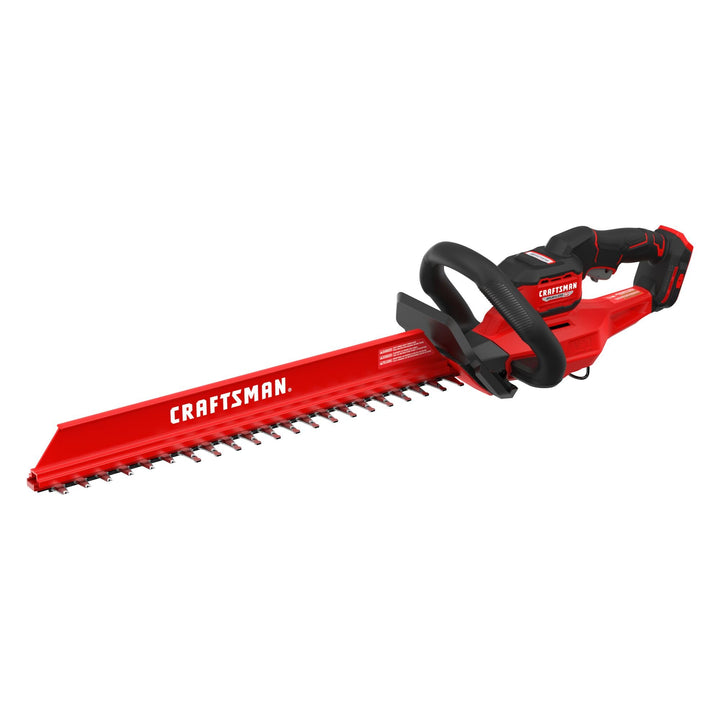 Craftsman V20 brushless hedge trimmer with 22-inch blades for precise trimming.