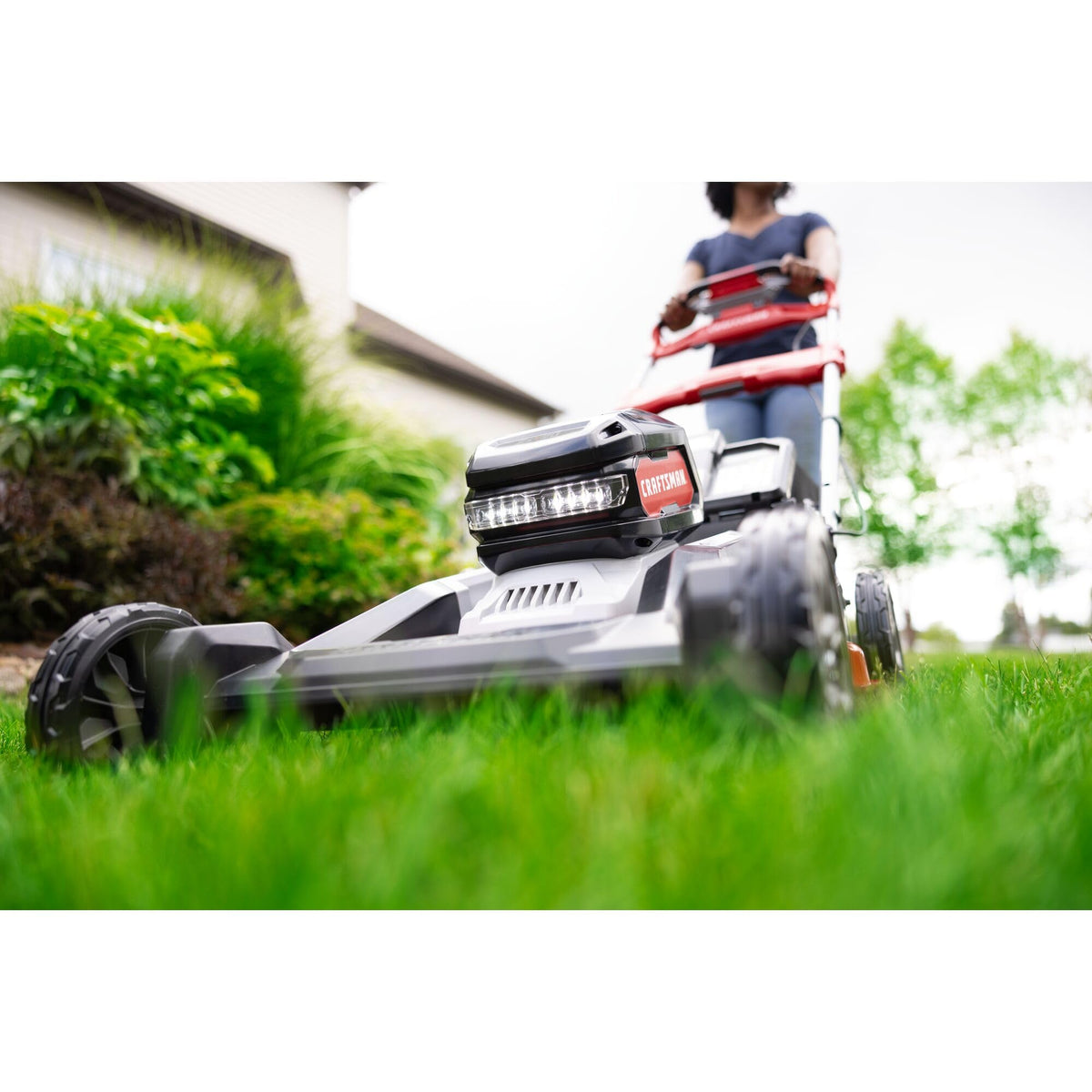 CRAFTSMAN V20 RP 21in mower in action mowing a lawn efficiently