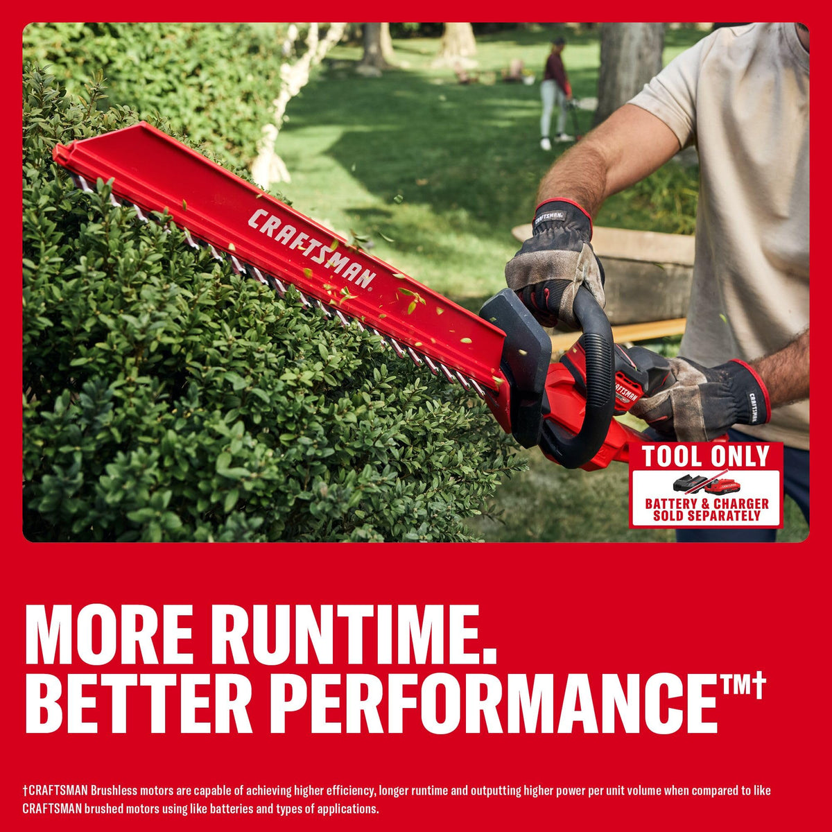 Craftsman V20 hedge sweep attachment clears debris while trimming.
