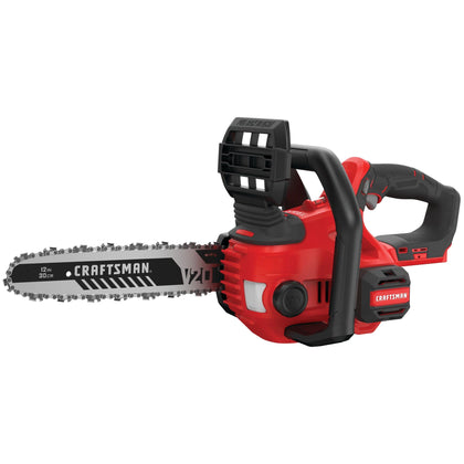 CRAFTSMAN V20 mini chainsaw bare tool with 12-inch bar for tight-space work.