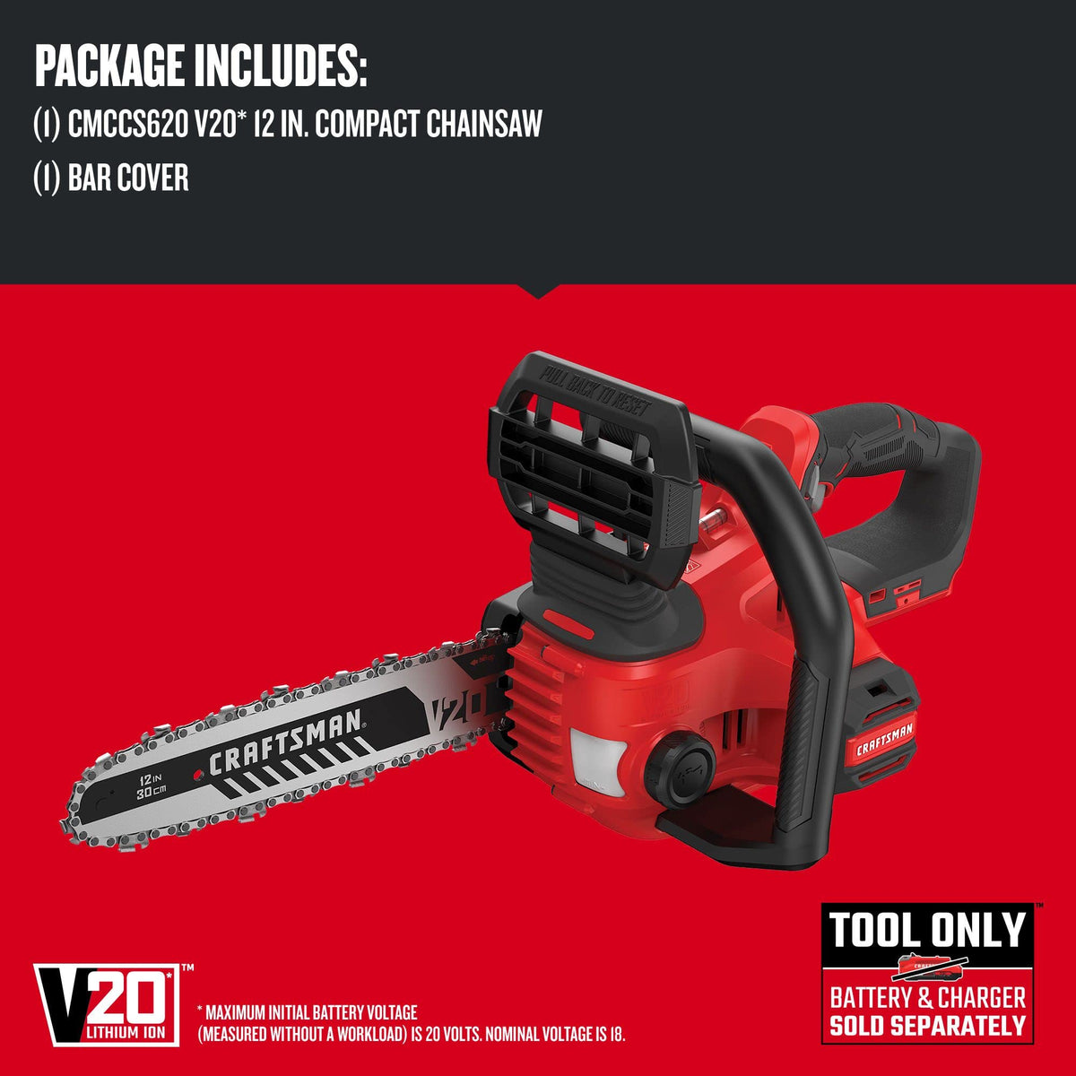 CRAFTSMAN V20 mini chainsaw bare tool compatible with existing V20 batteries.