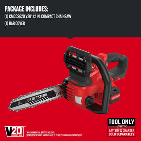 CRAFTSMAN V20 mini chainsaw bare tool compatible with existing V20 batteries.