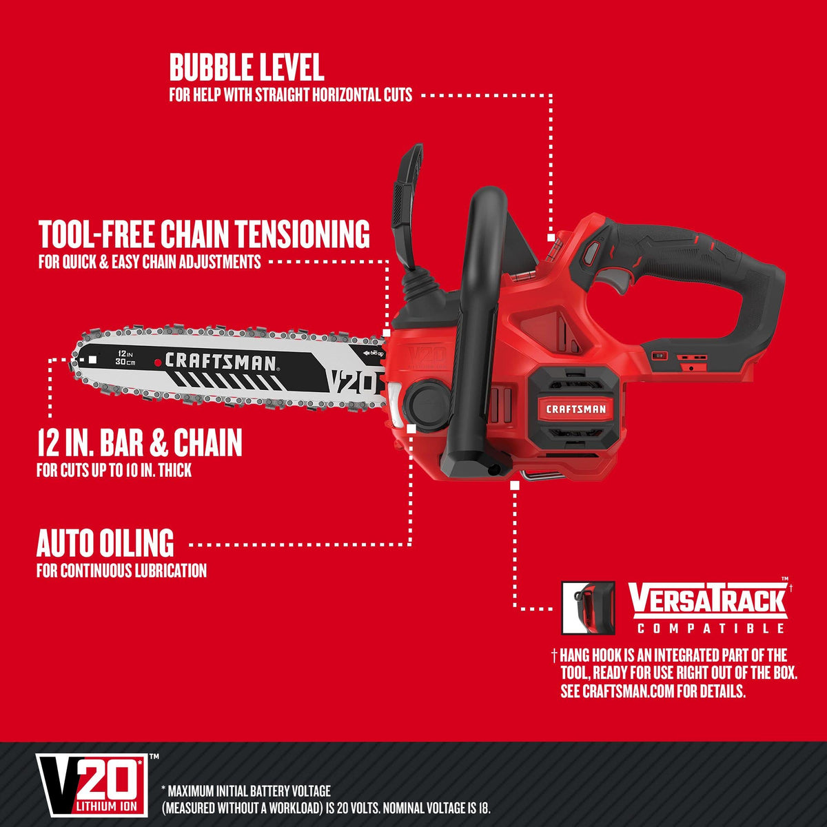 CRAFTSMAN V20 mini chainsaw cutting a branch, showcasing precise control.
