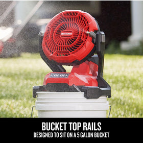 CRAFTSMAN V20 misting fan mounted on bucket rails for outdoor setups