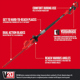CRAFTSMAN V20 pole hedge trimmer with 180° pivot head for precise angle cuts