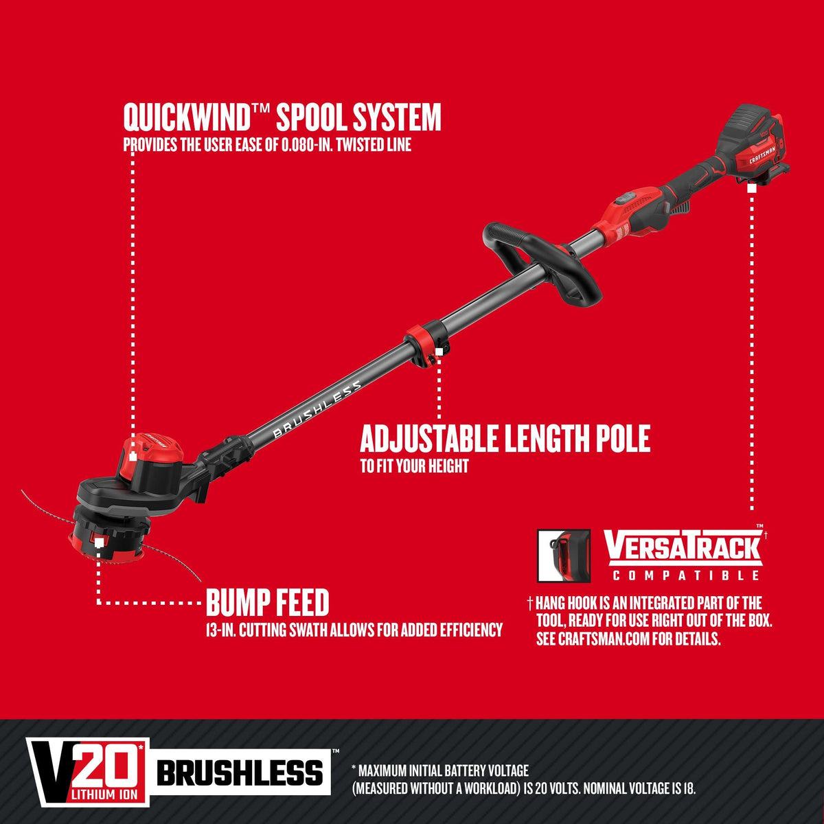CRAFTSMAN V20 weedwacker 13-inch cutting swath for efficient trimming