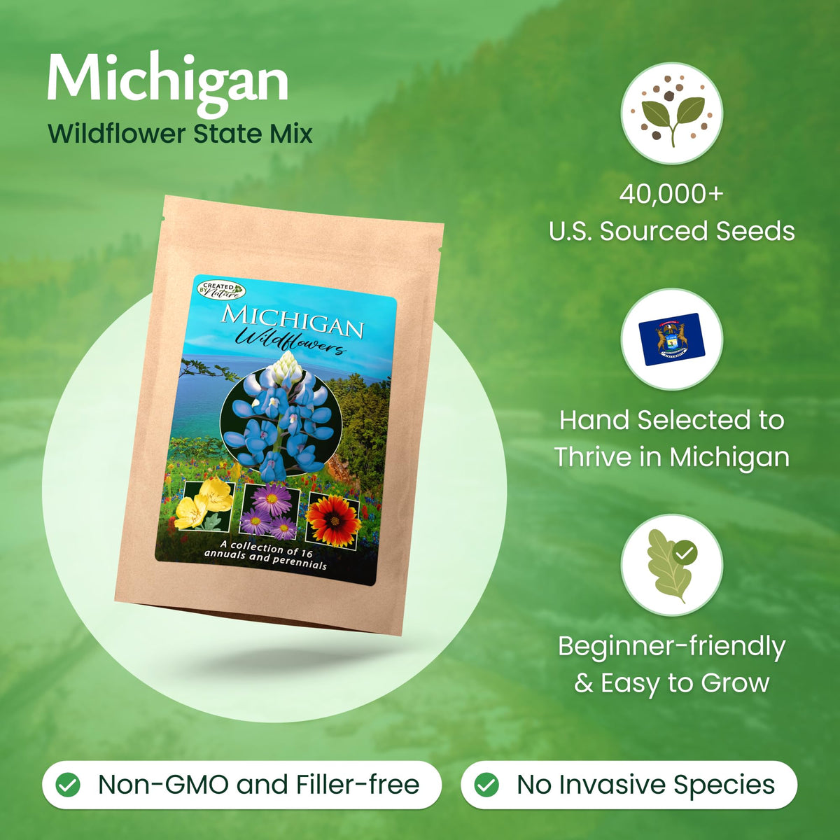 Created By Nature wildflower blend close-up highlights diverse blooms for year-round garden interest.