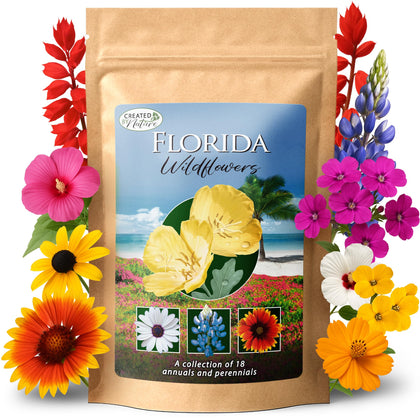 Created By Nature Florida Wildflower Seed Mix pack front, pollinator-friendly blend for vibrant gardens.