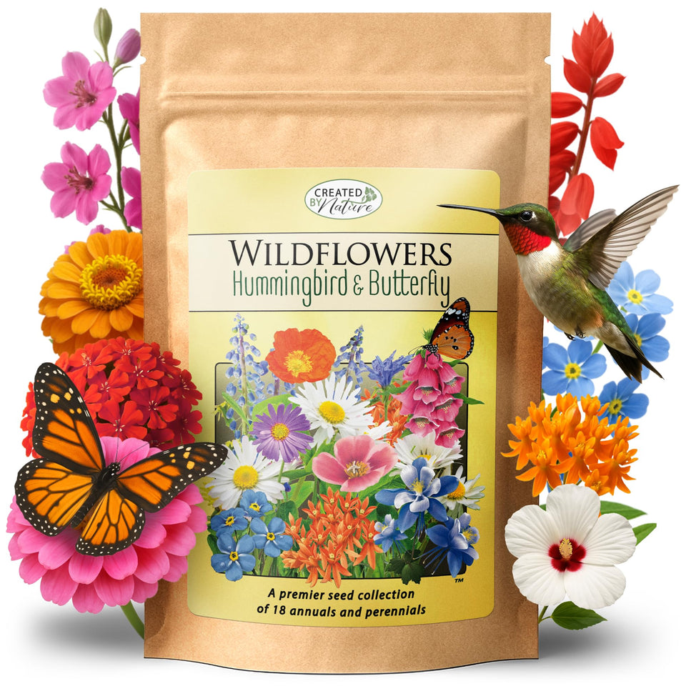 Created By Nature hummingbird and butterfly wildflower seed mix pack attracts pollinators.