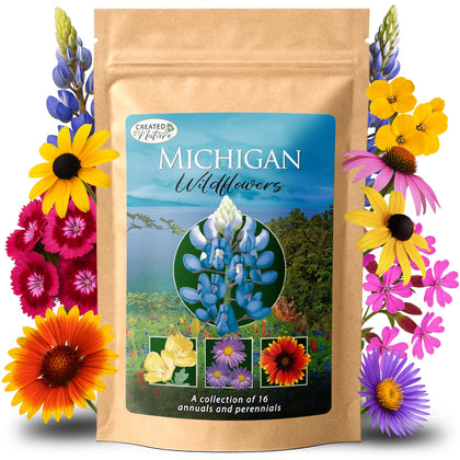 Created By Nature Michigan Wildflower Seed Mix pack showcases 16 varieties for a colorful, pollinator-friendly garden.