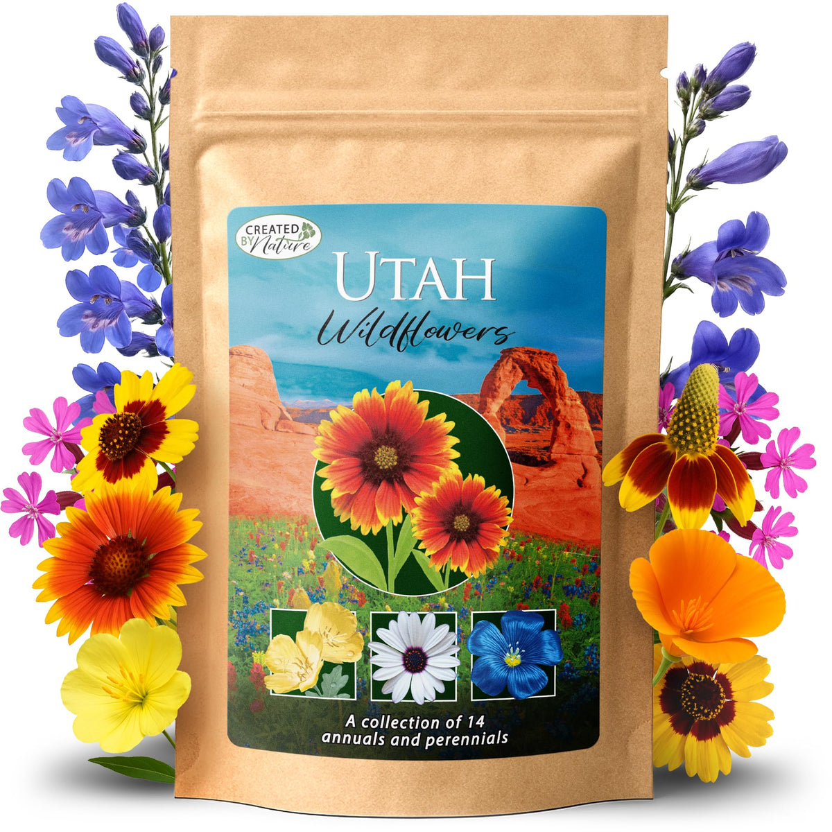 Created By Nature Utah Wildflower Seed Mix packaging shows 14 varieties for a bold, pollinator-friendly garden.