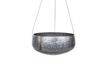 Creative Co-Op grey and gold hanging planter, 12.25-inch diameter adds rustic outdoor charm.