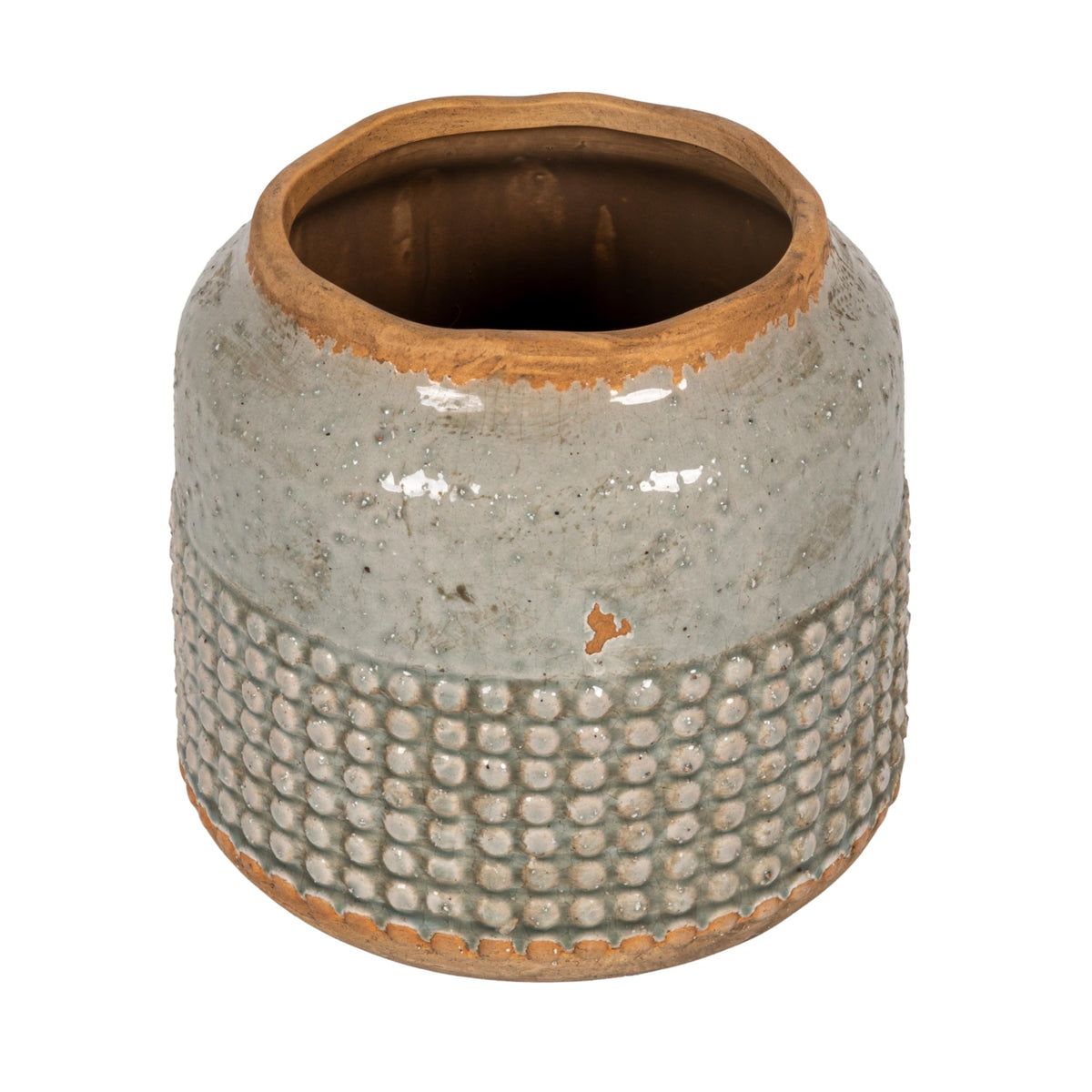 Creative Co-Op round terra-cotta hobnail planter close-up showing distressed texture for rustic decor.