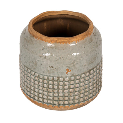 Creative Co-Op round terra-cotta hobnail planter close-up showing distressed texture for rustic decor.