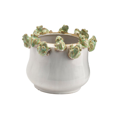 Creative Co-Op stoneware planter with frogs on rim adds whimsy to any shelf