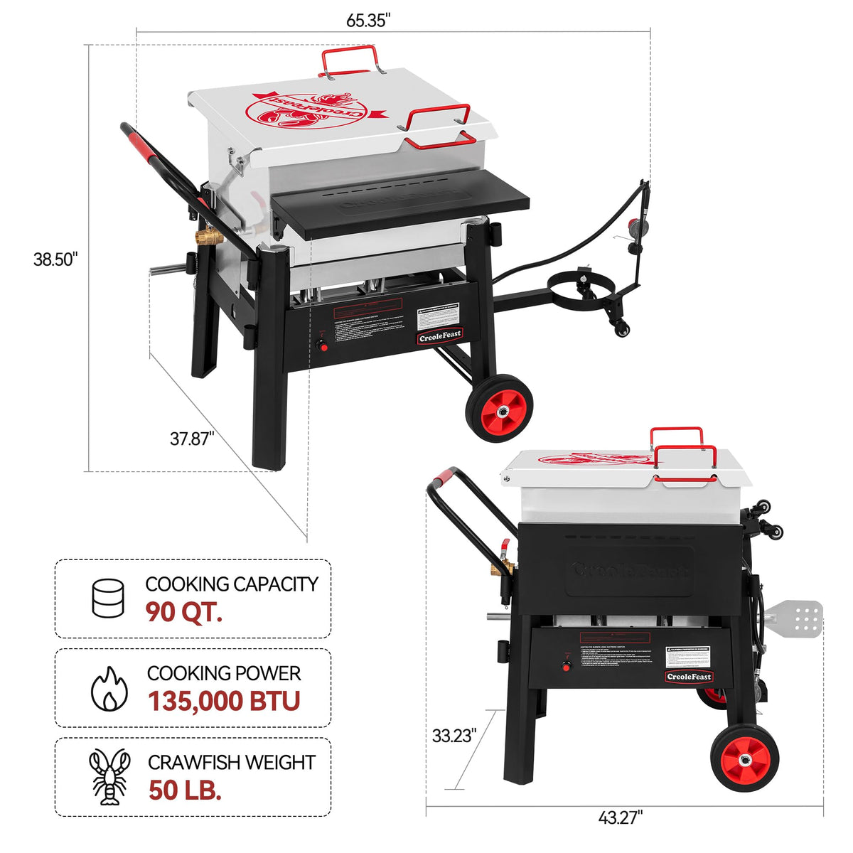 Creole Feast CFB1001A 90 qt crawfish boiler burners emit up to 135,000 BTU for rapid batches