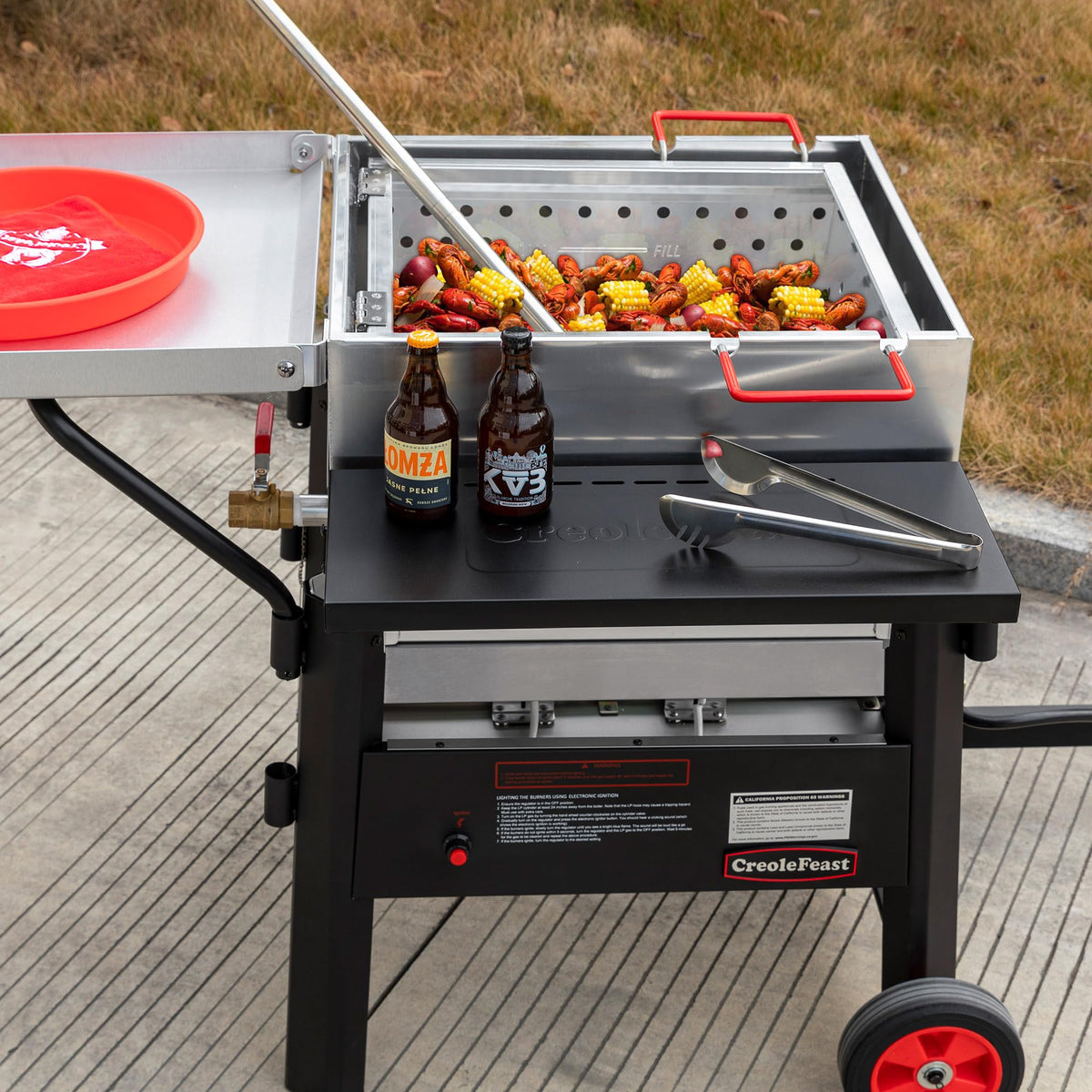 Creole Feast CFB1001A side view shows rugged burners for high capacity boils