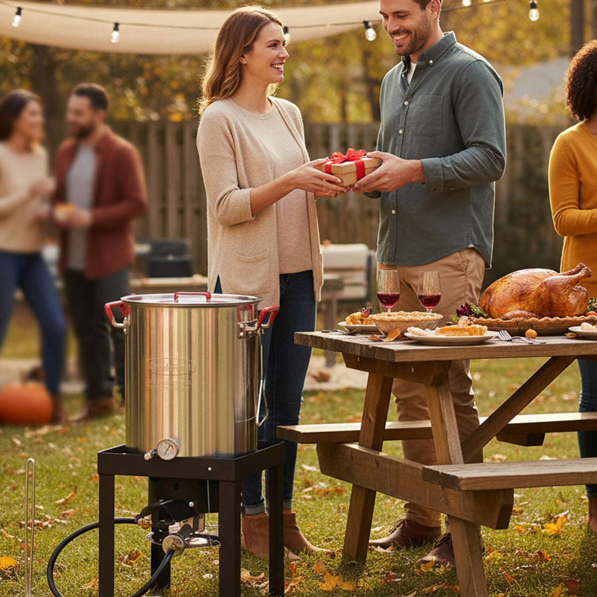 Creole Feast square steel stand keeping fryer stable on uneven terrain
