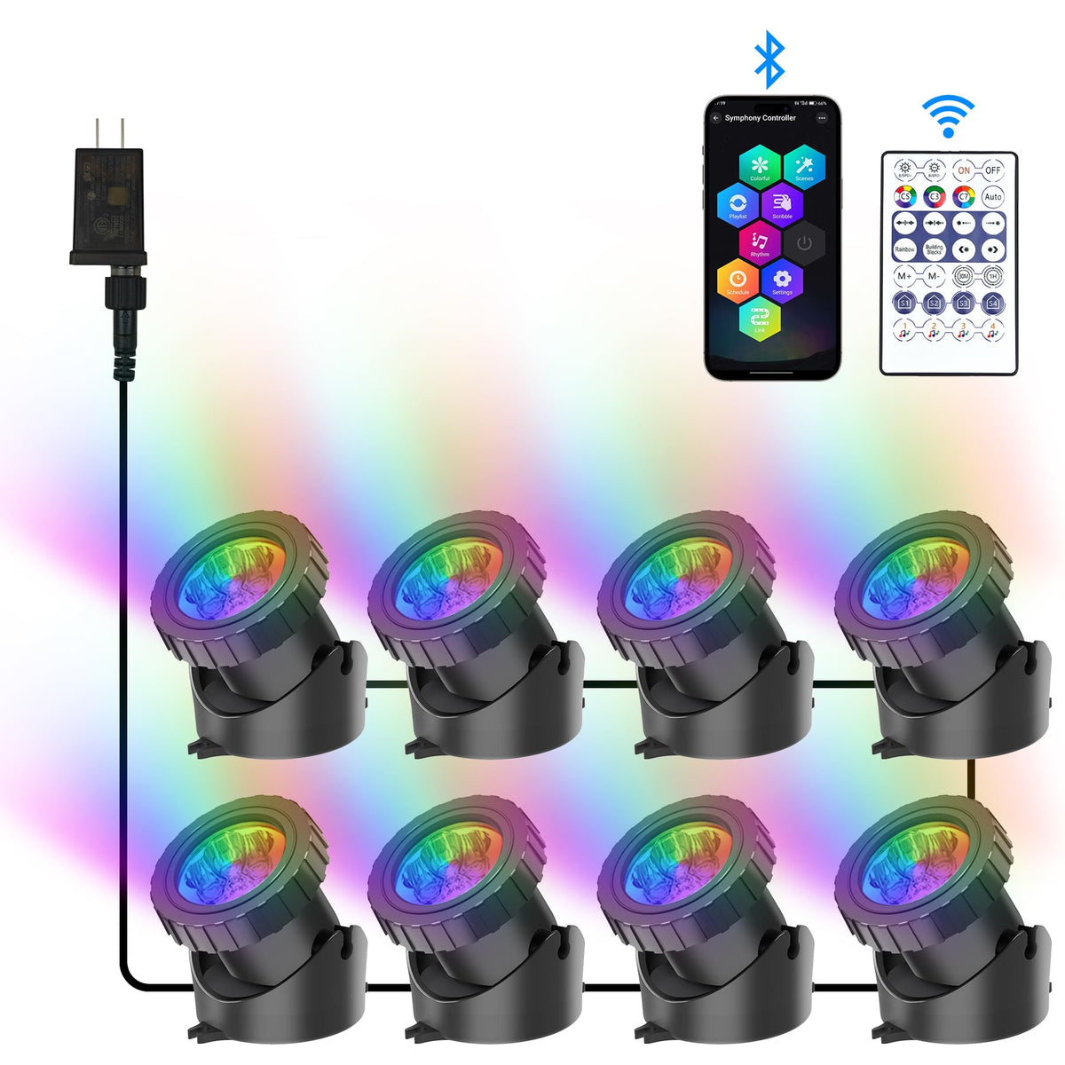 CREPOW RGB underwater pond light illuminating a pond with vibrant colors