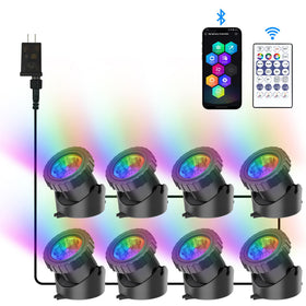 CREPOW RGB underwater pond light illuminating a pond with vibrant colors
