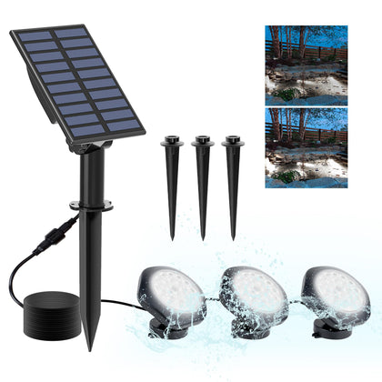 CREPOW solar pond lights illuminate underwater spotlight, showing bright pond visibility.