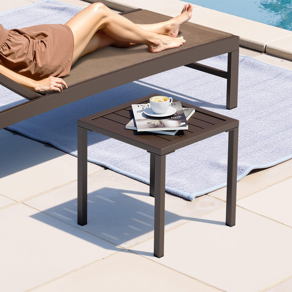 Crestlive Products brown finish square table adds classic style to patio.