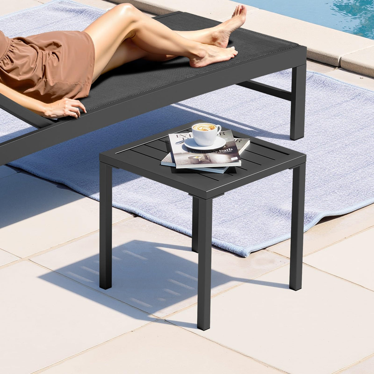 Crestlive Products pool lounge chair side table provides convenient surface for snacks.