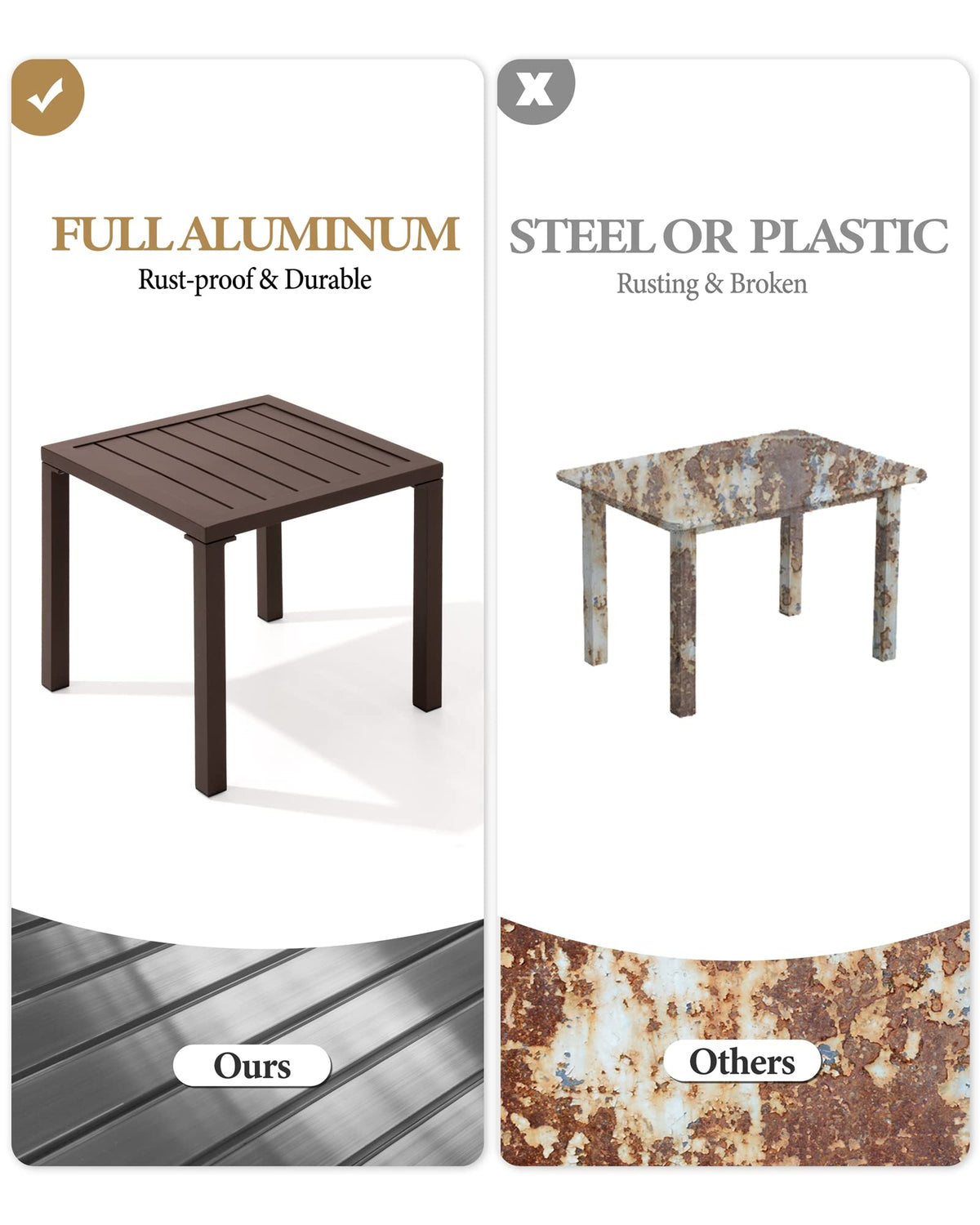 Crestlive Products water-resistant aluminum table resists the elements outdoors.