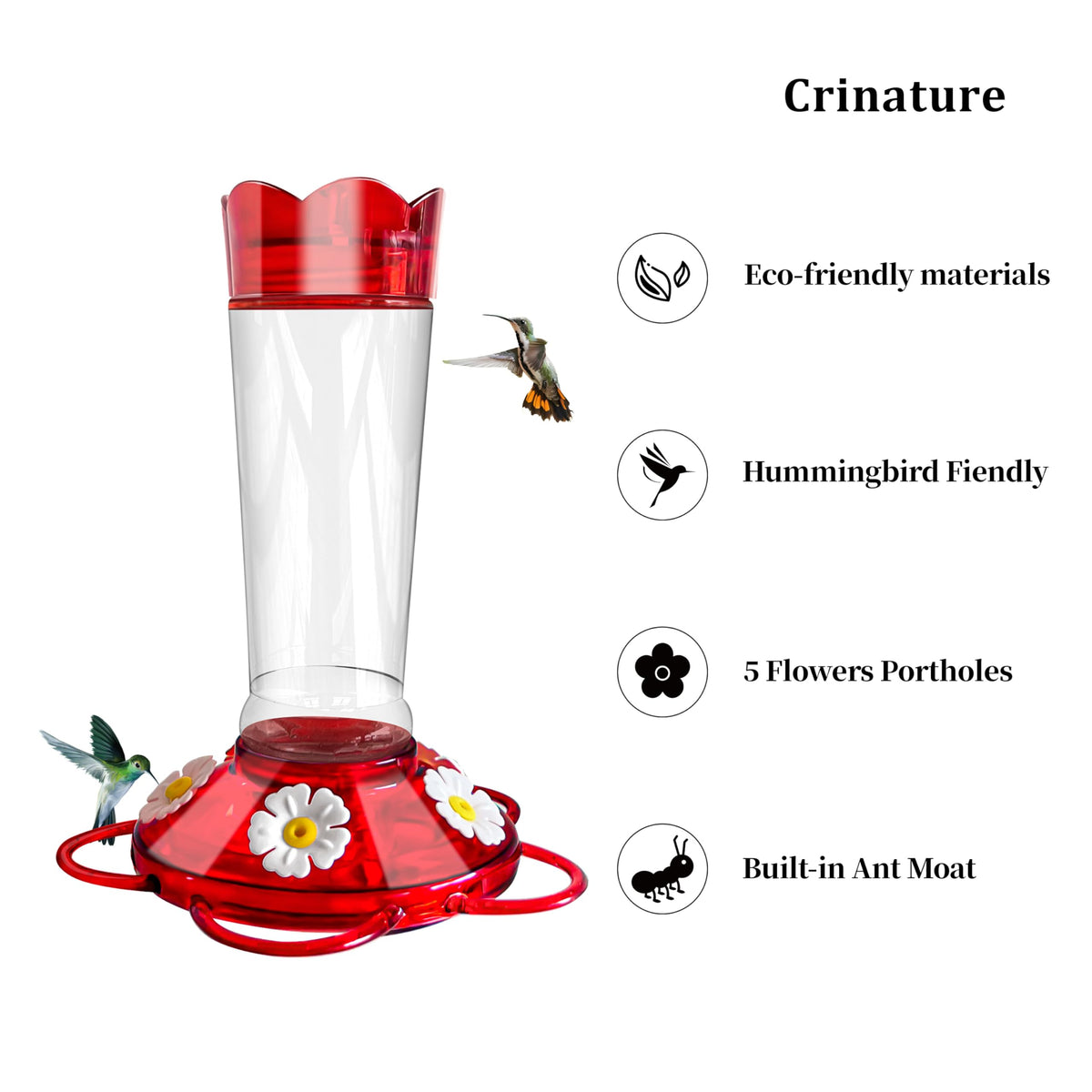 Crinature red glass feeder enhances outdoor display and nectar access.