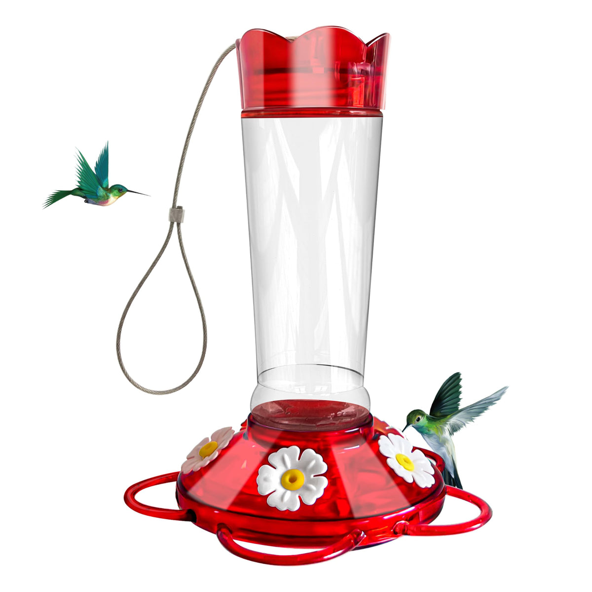 Crinature glass hummingbird feeder red 10 oz with ant moat for outdoor nectar.