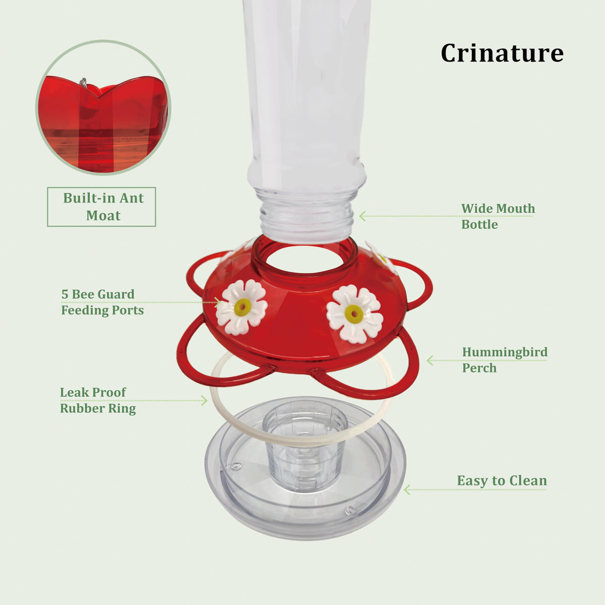 Crinature bee-proof hummingbird feeder with secure ports for nectar.