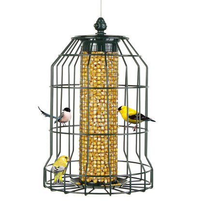 Crinature squirrel-proof feeder with cage mesh for small birds.